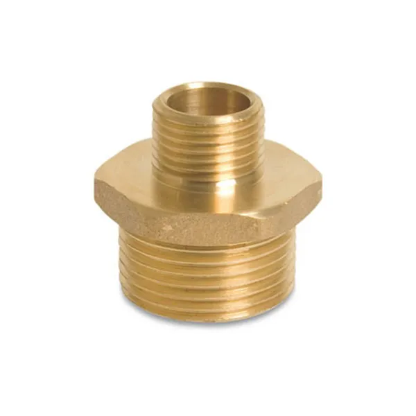 A brass reducing nipple, male to male