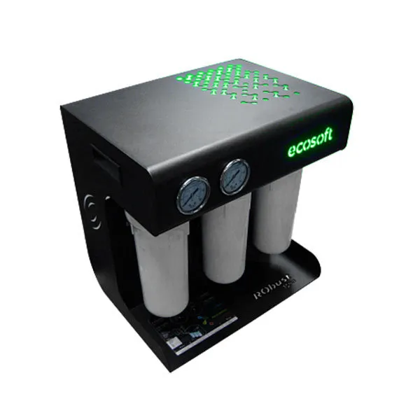 A photo of a black and white unit of Ecosoft Robust 1500 Reverse Osmosis filter set.