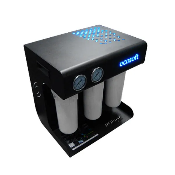 A photo of a black and white unit of Ecosoft Robust 1500 Reverse Osmosis filter set.