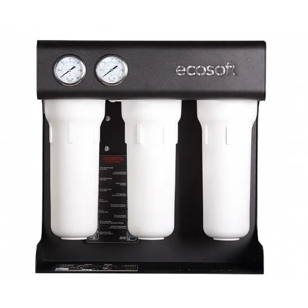 A photo of a black and white unit of Ecosoft Robust 1500 Reverse Osmosis filter set.