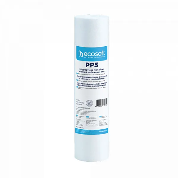 A photo of an Ecosoft Melt Blown 5 micron PP5 filter.