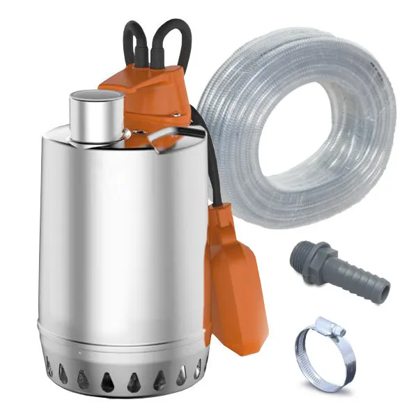 A flood kit setwith submersible pump and hose kit.