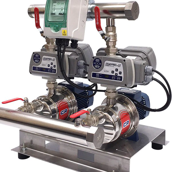 Pedrollo_FLOW_V-V80-Twin-4-Bar-Booster-Set These units are well suited to very large domestic premises or small commercial properties with lots of outlets (showers, taps etc) and a wide variation in water requirements. The units come pre-assembled on a base-plate with stainless steel inlet/outlet manifolds.