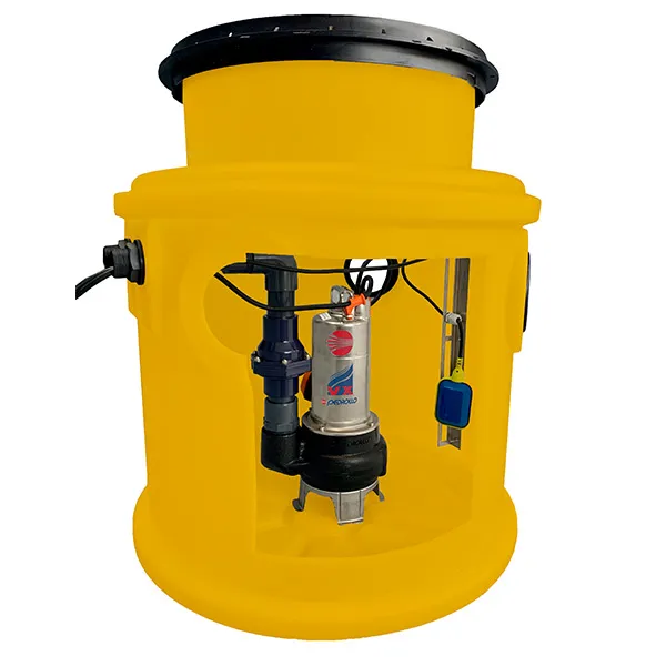 A photo of a Yellow Powerdrain twin foul pump station. Inside is a Pedrollo VX pump unit.