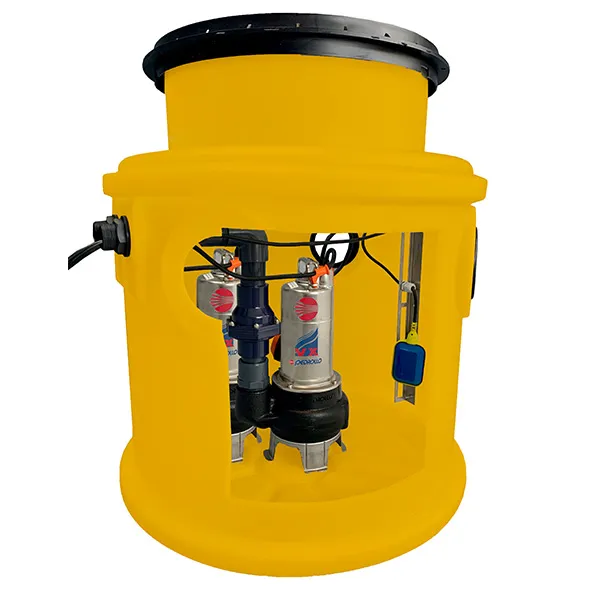 A photo of a Yellow Powerdrain twin foul pump station. Inside is a Pedrollo VX pump unit.