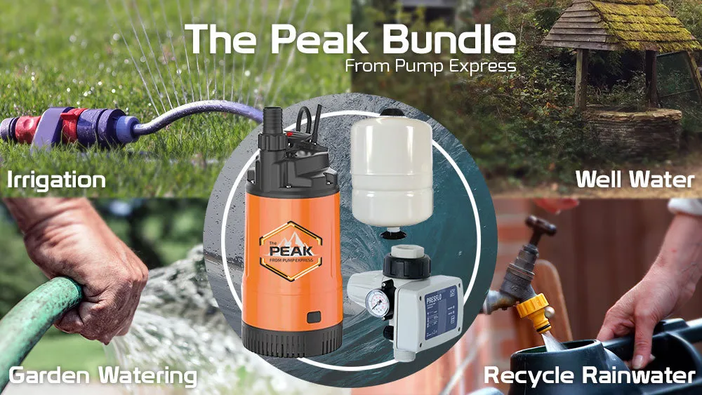 A peak well submersible well water pump system with a controller and a pressure vessel.