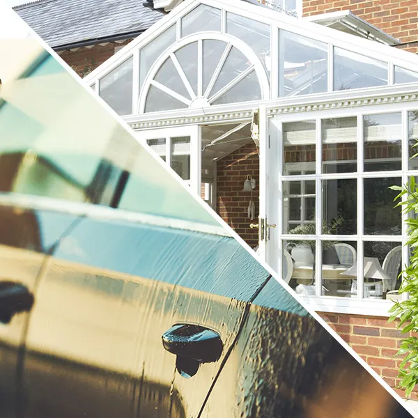 A photo showing a conservatory and car streaks for a crystal clean car wash filter.