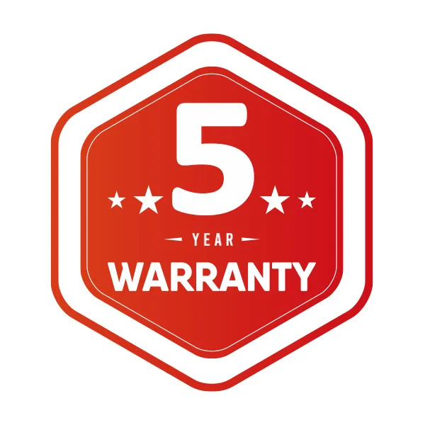 A digital photo of our 5 year warranty badge for our PowerTank Systems.